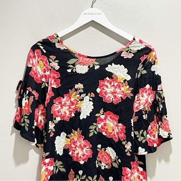 BILLABONG Girls Black Floral Print ALWAYS ON VACATION Rayon Dress Bell Sleeve L - Picture 4 of 9